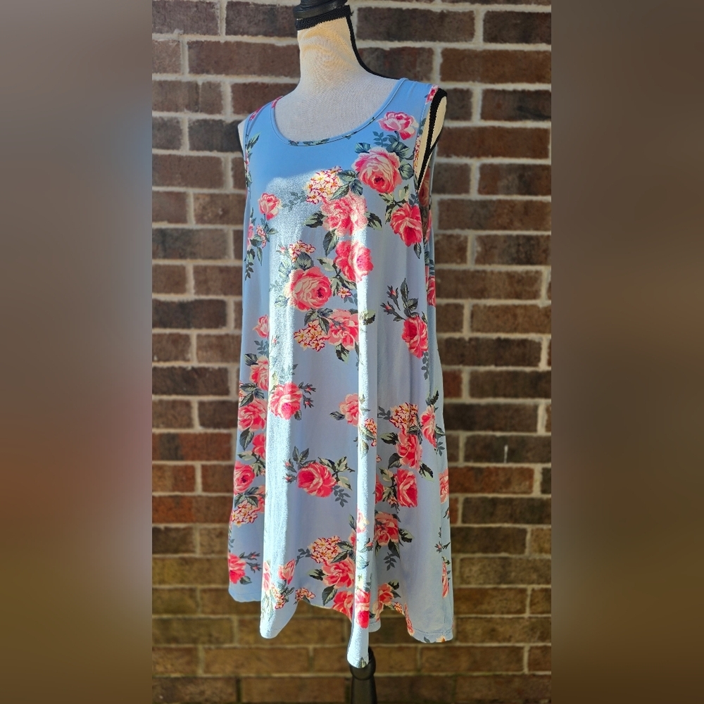 Sleeveless Chic Blue and Pink Midi Dress Medium